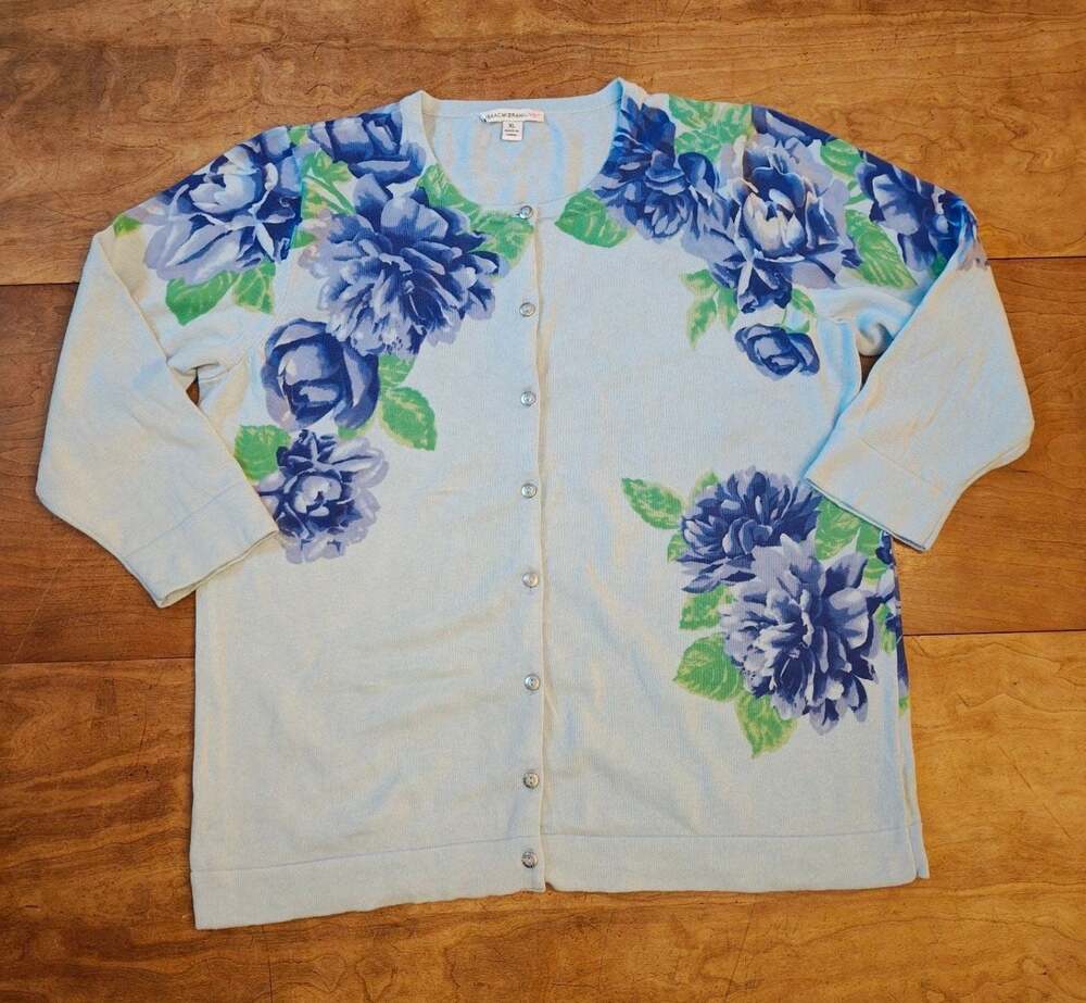 Isaac Mizrahi Live! Blue Floral Print Button Front Cardigan Sweater size XL